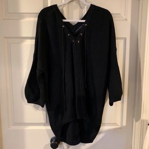 Black V neck tie up sweater